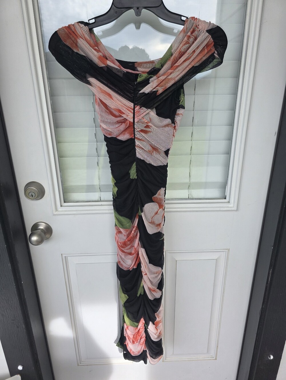 B Darlin Black Off-Shoulder Midi Dress with Pink Floral Print - Picture 9 of 10